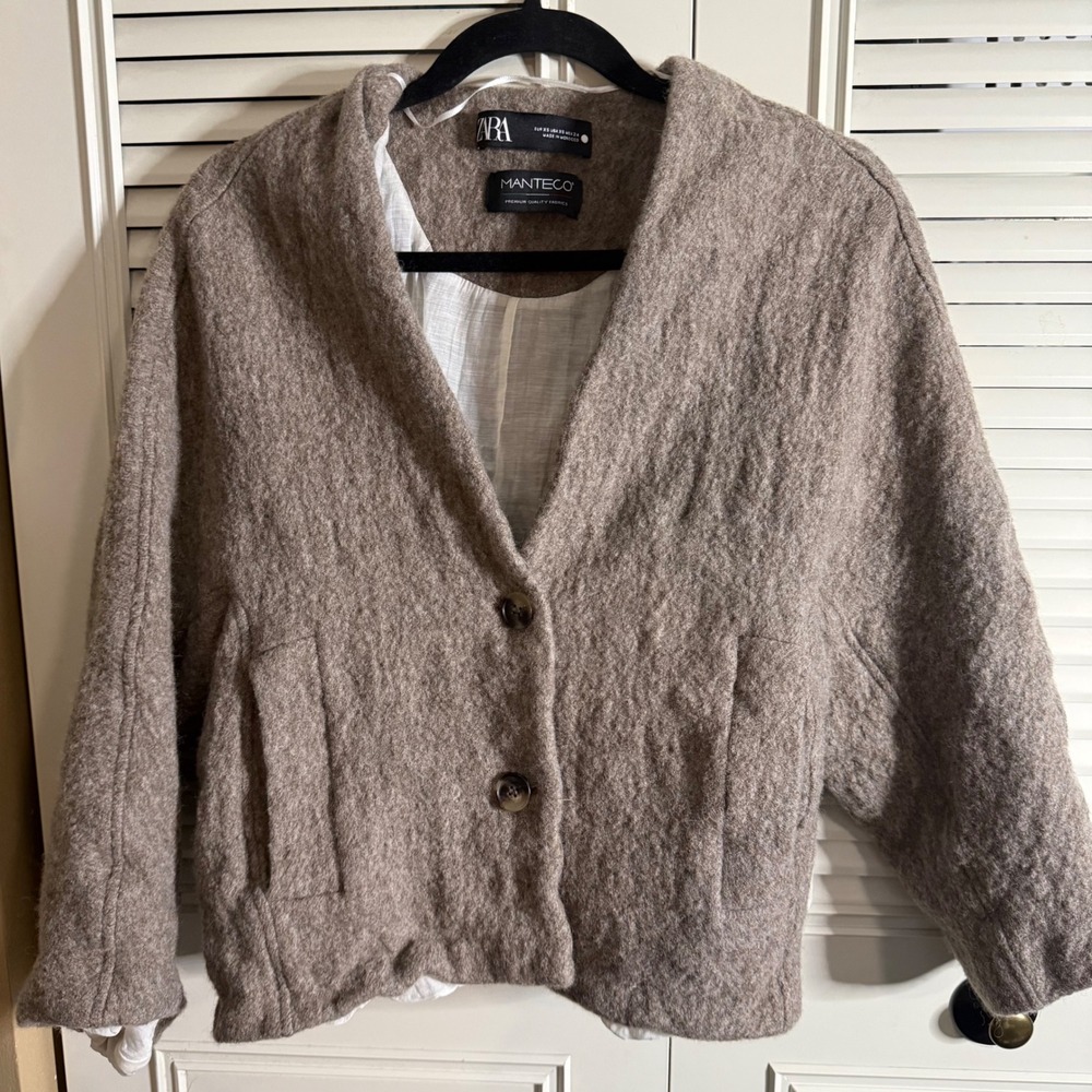 Zara Manteco Wool Jacket Taupe Brown Boxy Button Front Coat XS